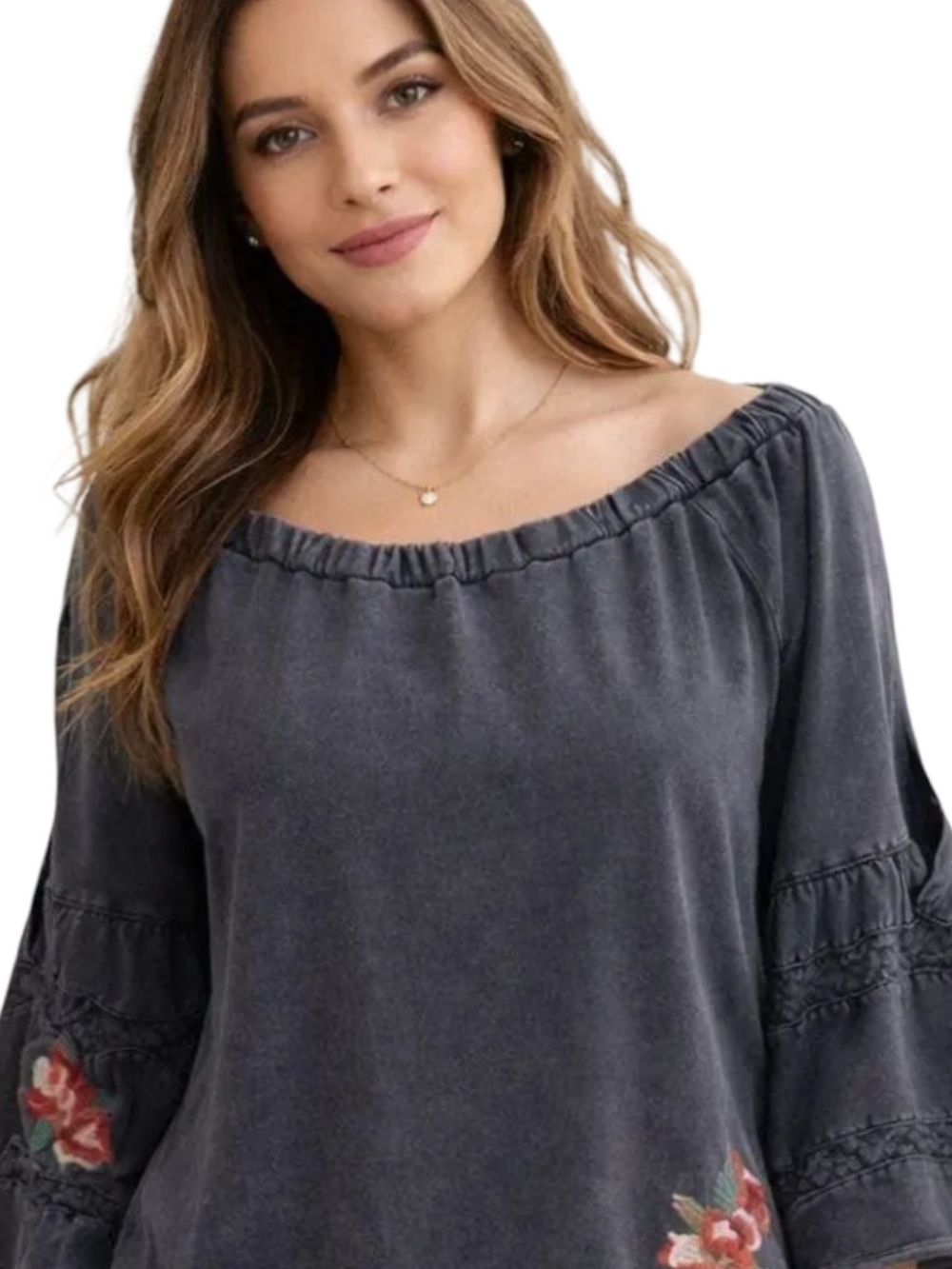 Anthropologie Charcoal Off-Shoulder Embroidered Sleeve Tunic